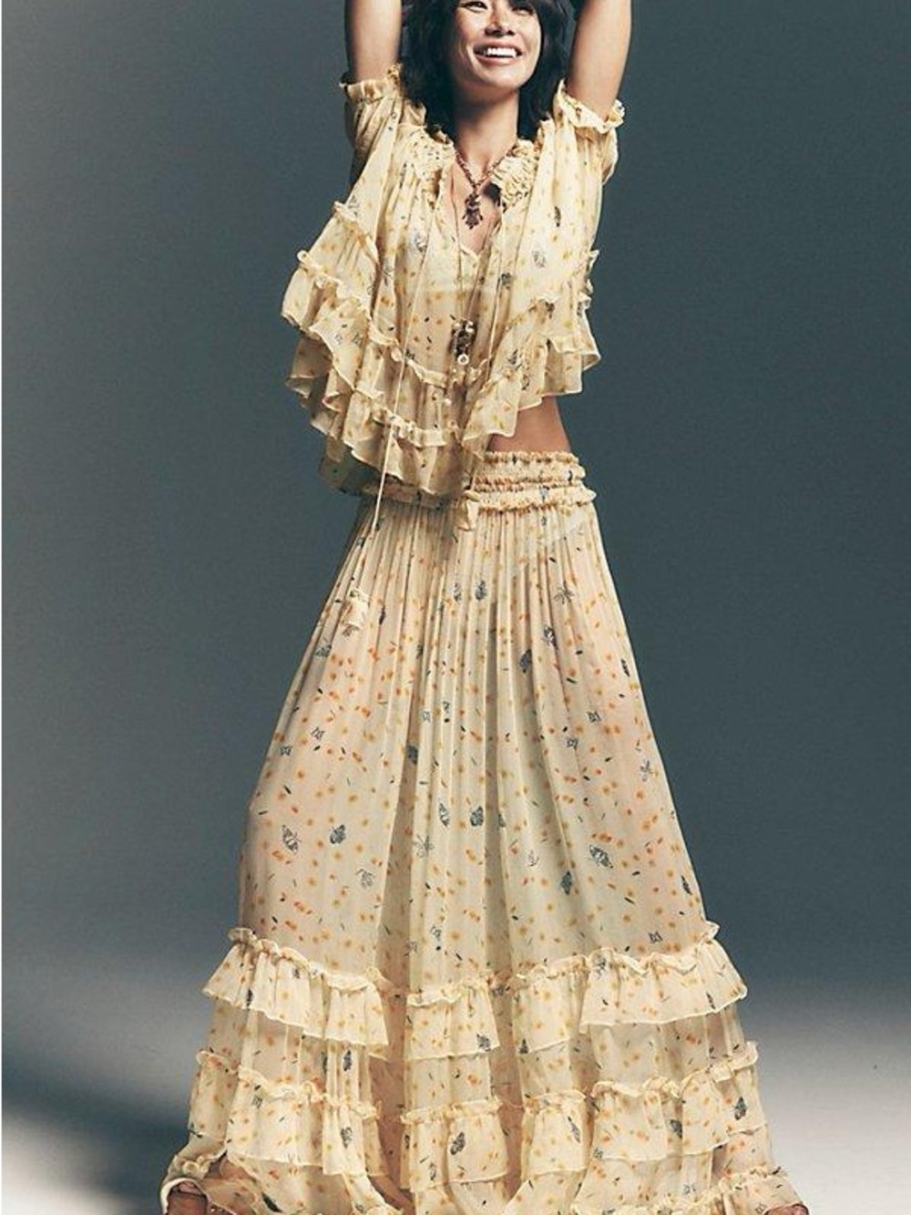 Free People Morning Mist Floral Ruffle Tiered Maxi Skirt Set